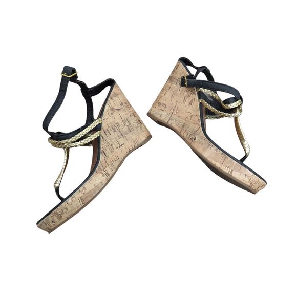 Y2k Black & Gold Braided Espadrilles Cork Wedge Size 7.5 Chunky - Picture 3 of 4